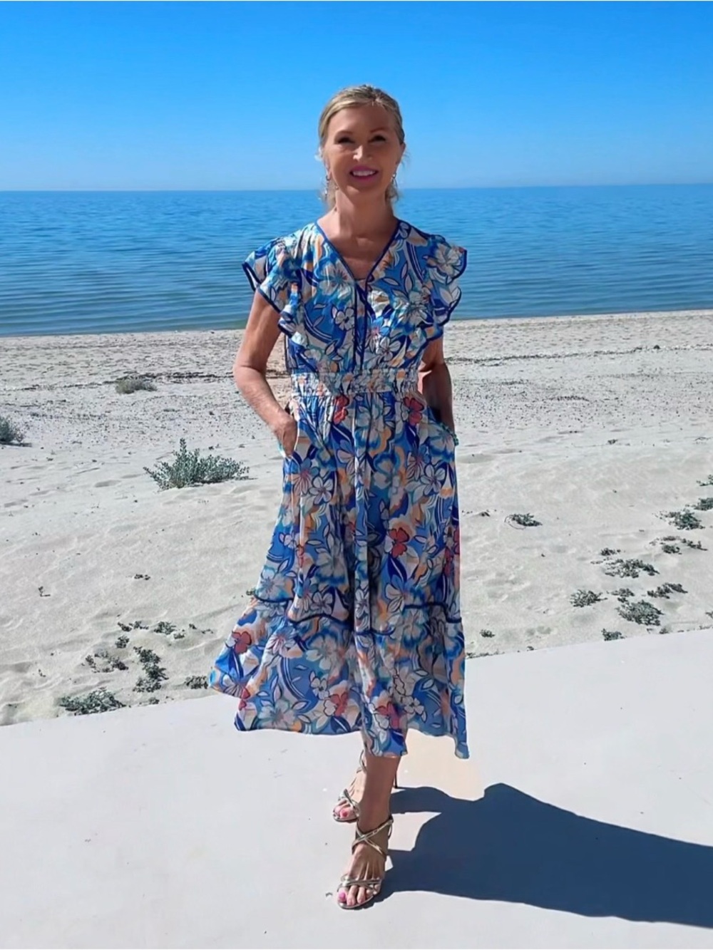 NWT Blue Floral Flutter Sleeve Midi Pocket Dress-S - Picture 2 of 13
